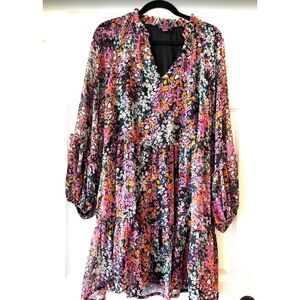 Vince Camuto L Tiered Ruffle Mini Dress Black Floral Chiffon Long Balloon Sleeve